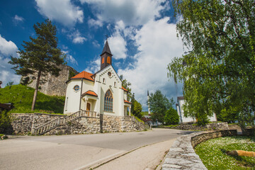 Fototapeta na wymiar three churches in Bosanska krupa, place with christian, orthodox and muslim churches in the same spot. Lovely spring day in bosnia.