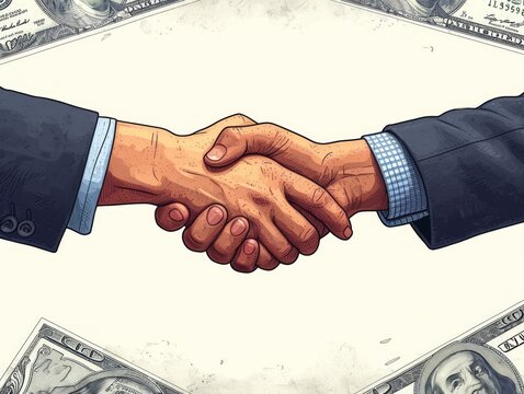 Handshake on the background of dollar bills. illustration in sketch style. Generative AI