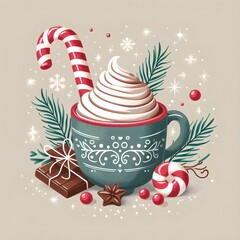 hot chocolate cup with whipped cream and sugar cane. Christmas drink