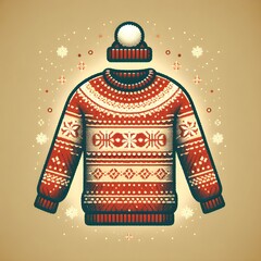 Christmas sweaters in red and green colors in scandinavian style. Sprig of mistletoe, snowflake, Christmas tree, patterns.