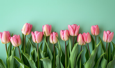 Fototapeta premium Fresh pink tulips on pastel menthe green background, Generative AI