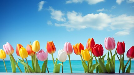Stunning Composition of Vibrant Tulips Against an Expansive Solid Backdrop, Ideal for Text Placement