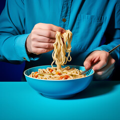 knitting instant noodles on blue table over vivid in shop Dinner. Food pop art photography.