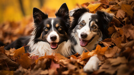 Border collie dogs laying in pile of autumn leaves