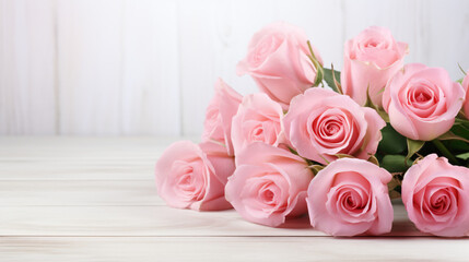 Bouquet of beautiful pink roses on white wooden background