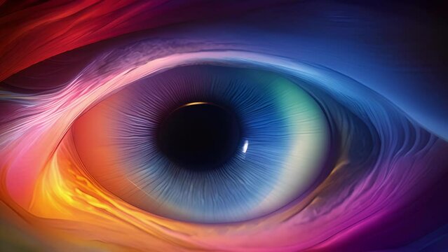 A magnified view of a human eye, with colorful light waves passing through its lens and being refracted to form a visual perception. This closeup captures the link between physical