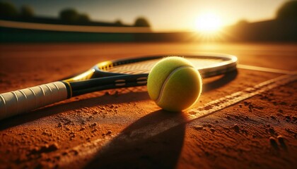 tennis racket and ball on a sunny court - obrazy, fototapety, plakaty