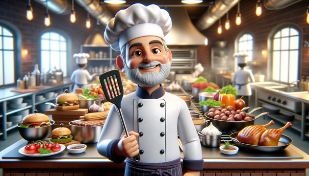 Expert 3D Animated Chef in Action in a Bustling Kitchen: A Culinary Artist at Work Creating Gourmet Dishes