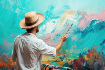 Inspired artist painting a landscape, in an art studio, against a creatively vibrant turquoise background.