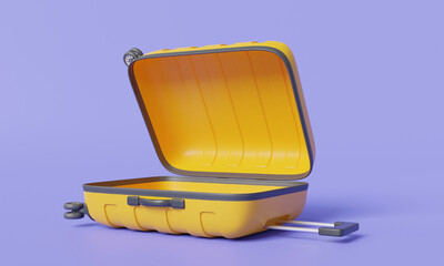 Open yellow Suitcase on purple background. Empty Travel luggage, suitcase for holiday, Trip planning, Travel to World, Travel equipment and luggage. Travel and tourism concept. 3d render illustration
