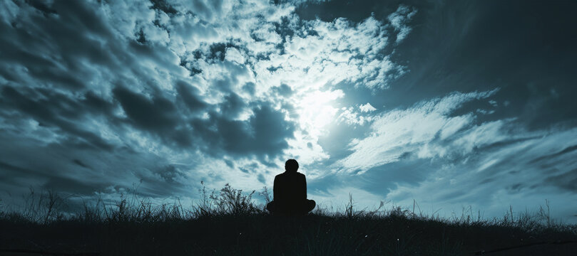 Silhouette of a lonely man looking at the sky with copy space