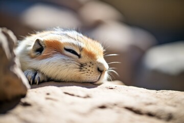gerbil coolly resting in the shade of a rock - obrazy, fototapety, plakaty
