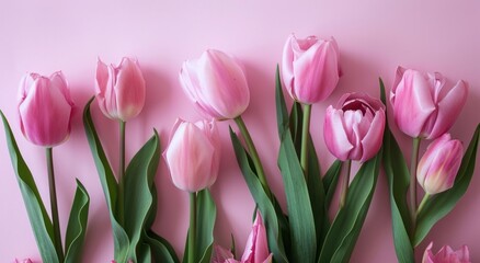 Fototapeta premium pink tulips next to a pink background