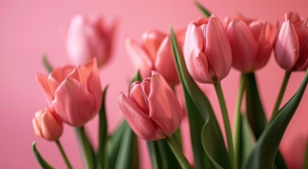 pink tulips next to a pink background