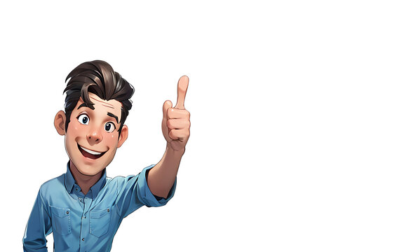 man cartoon character with thump up hand pose and copy space ai generated