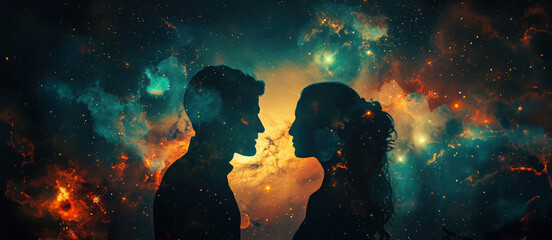 Man and woman silhouettes on abstract space background with copy space