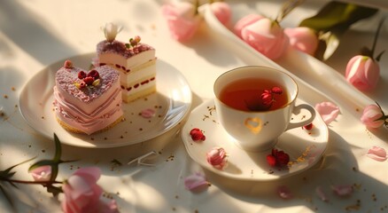 two cakes and cups of tea in the shape of hearts and flowers