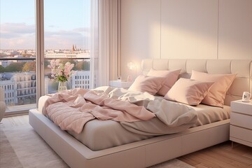 Scandinavian bedroom with grey and peach colors, minimalist furniture, and soft pastel accents