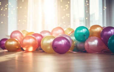 various colorful balloons on a table in a room