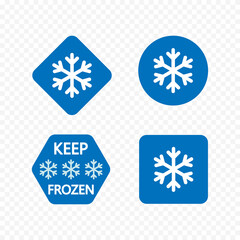 Frozen food label, packaging and storage, sticker with snowflake and thermometer.