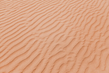 closeup of sand pattern of a beach in the summer. New trending PANTONE Peach Fuzz colour of 2024 year - 706902224