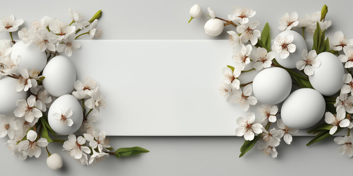 Easter rustic banner with eggs, plum branches and place for text over light grey background.