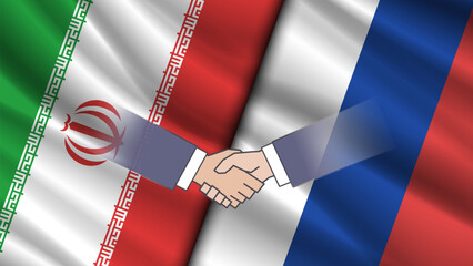Vector wavy state flags of the Islamic Republic of Iran and the Russian Federation. Friendly relations. Political economic banner. Symbols of countries. Handshake.