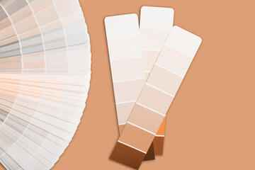 Color samples palette design catalog. New trending PANTONE Peach Fuzz colour of 2024 year - 706902827