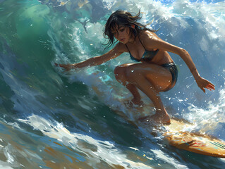 A Beautiful Woman Riding A Surf Board, A Woman On A Surfboard In The Ocean