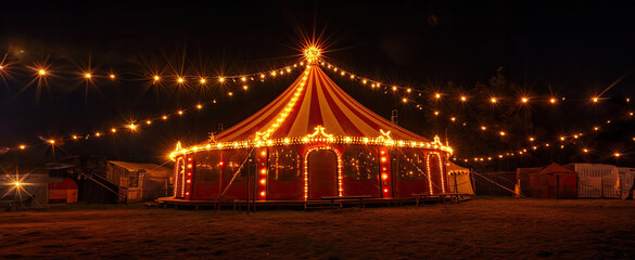 Circus canopy decorated with lights at night with copy space
