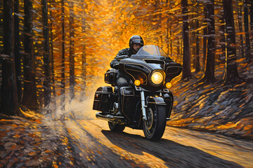 A Motorcyclist Is Riding Down, A Man Riding A Motorcycle On A Road In The Woods