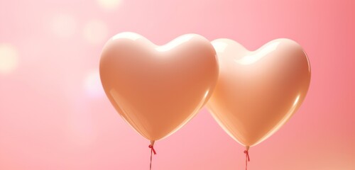 two heart shaped gold and ivory colored balloons on a pink background