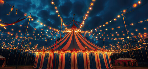 Circus canopy decorated with lights at night with copy space - obrazy, fototapety, plakaty