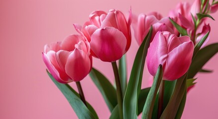 pink tulips next to a pink background