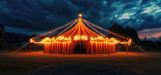 Circus canopy decorated with lights at night with copy space