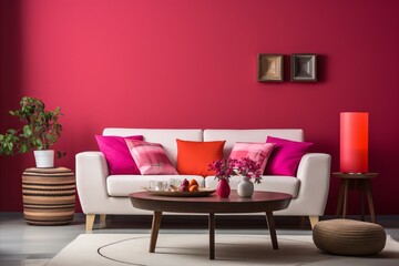 Vibrant magenta interior design trendy living room with wall and soft sofa in modern colors