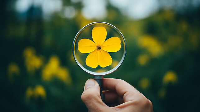 Hand holding magnifier glass with yellow plus sign symbol inside for focus healthcare insurance and offer positive thinking mindset of personal development ...,