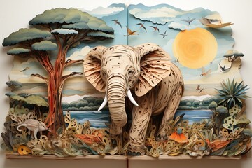 Artwork featuring an elephant in a woodland with trees, avian life, sunlight, and blossoms