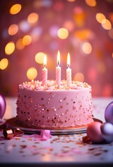 the pink cake with candles and lights on the background