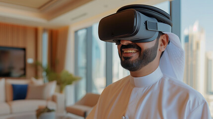 Arab Millionaire Sheikh in Traditional Attire Wearing VR Glasses, smiling 