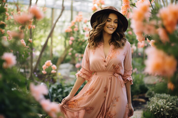 woman in her 30s that is walking among blooming flowers wearing flowy pink maxi dress - obrazy, fototapety, plakaty