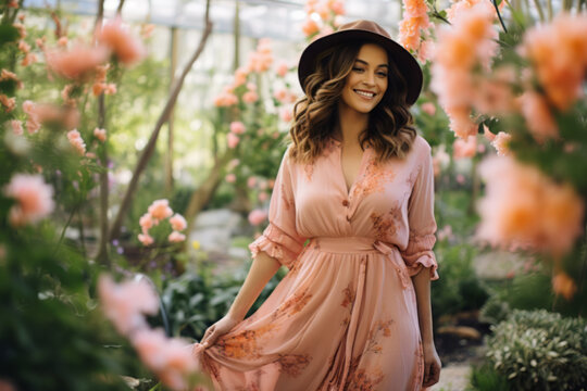woman in her 30s that is walking among blooming flowers wearing flowy pink maxi dress