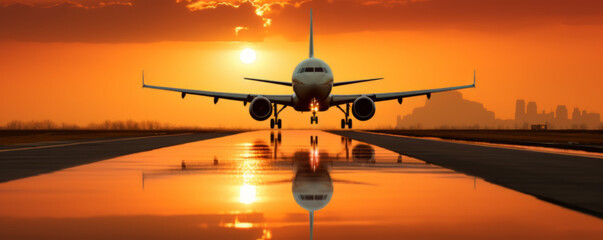 Passenger plane. Plane is going up. Nice weather sunset in the background - obrazy, fototapety, plakaty