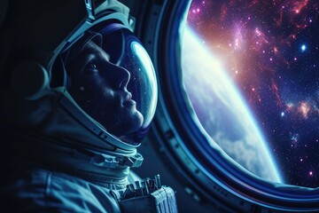 Lone astronaut gazing into space from a spaceship window