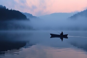 Fototapeta na wymiar Lone fisherman on a quiet lake at dawn