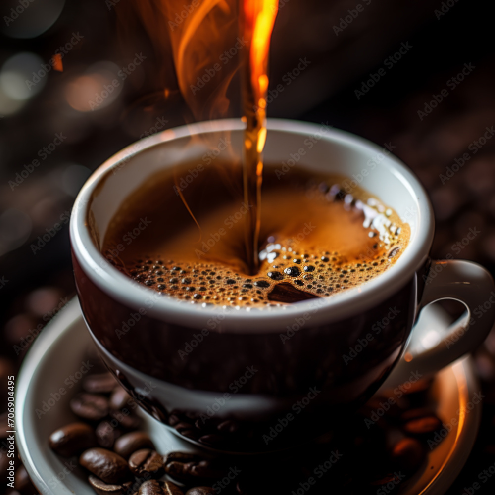 Poster Cup of coffee on dark background close yp