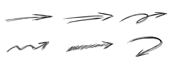 Hand drawn arrows set. Sketch marker brush arrow check mark underline. Vector freehand arrow illustration isolated on white background.