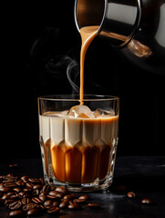 coffee latte with cream being poured into it showing the texture and refreshing look of the drink