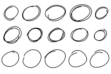 Highlight oval marker frames line. Hand drawn scribble circle sketch set. Doodle ovals and ellipses line template. Vector illustration oval isolated on white background. - obrazy, fototapety, plakaty