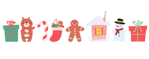 Hand drawn Christmas set. Cartoon gift, bear, gingerbread man, house, santa sock, snowman, caramel cane. New Year's decorative elements. Stock vector illustration isolated on a white background.